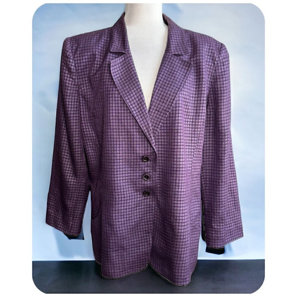 CARLISLE Vintage Blazer 100% SILK Purple Plaid 3-Button Closure Womens Sz 16